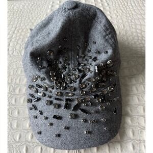 August T Grey Wool Blend Crystal‎ Embellished Baseball Cap Y2K Glam